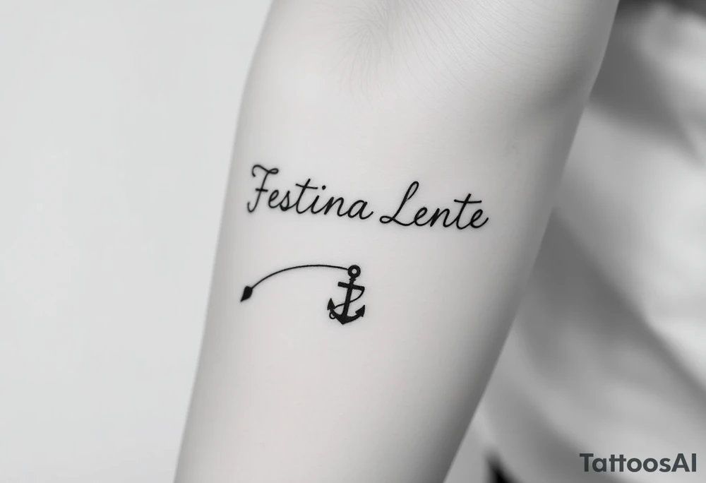 A small, minimal conceptual tattoo for the inner arm.
The phrase “Festina Lente” is not written traditionally; instead, the entire text is formed subtly from a single thin rope.
At the lower end of the rope, a small anchor is attached and appears embedded into the skin, symbolizing patience and stability.
At the opposite end, the rope is being pulled by a very small, minimal, symbolic devil silhouette representing haste.
The rope naturally twists and curves to form the letters of “Festina Lente”, so that at first glance it looks like an abstract rope composition, but upon closer inspection the text becomes readable.
Highly refined, modern calligraphic flow created by the rope itself, elegant and understated.
Black ink only, ultra-fine line work, minimal shading, strong use of negative space, contemporary 2026 tattoo style.
No traditional tattoo elements, no bold outlines, no old-school style, no decorative ornaments.
Clean, intelligent, subtle storytelling tattoo suitable for a small inner-arm placement. tattoo idea