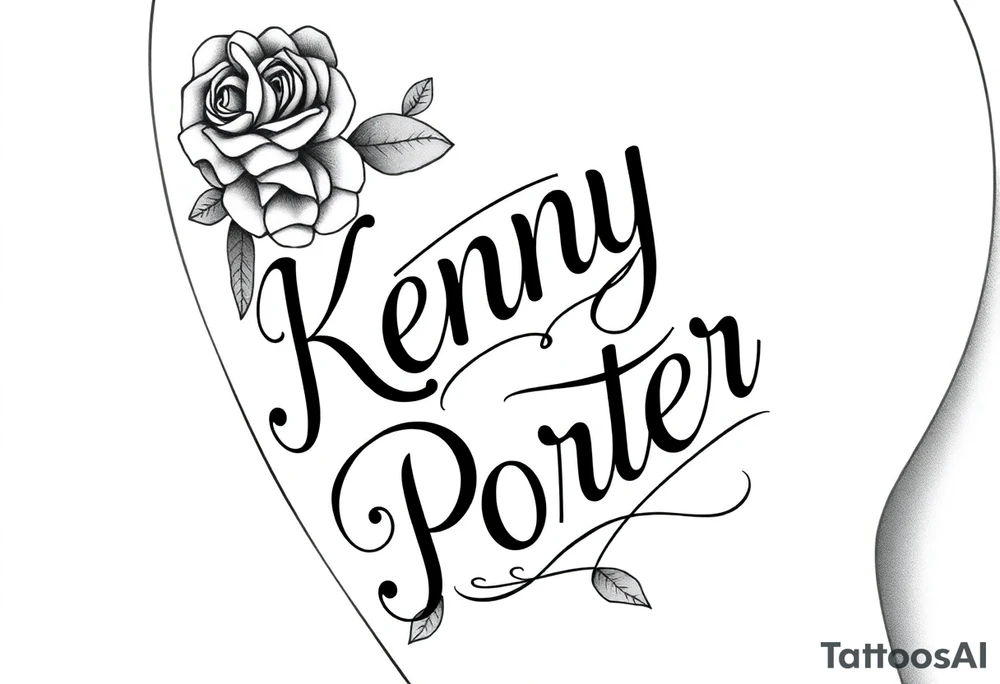 "A large-scale, high-contrast black and grey tattoo design featuring the names 'Kenny' and 'Porter' in an elegant, bold Chicano/Cholo-style script. The composition is a vertical side-piece specifically designed to contour and flow with the natural curves of the body.
Placement: The tattoo starts at the iliac crest (upper hip bone), sweeps diagonally across the lateral glute (side of the buttocks), and tapers smoothly onto the upper outer thigh.
Design Details: The lettering should feature sharp serifs, thick outlines, and intricate decorative filigree that connects the two names. Incorporate realistic roses with fine-line shading at the top and bottom of the script to anchor the design. The flow should be dynamic and 'wrap' slightly around the hip to create a slimming, feminine silhouette. Ensure the background is a clean white canvas to highlight the professional linework and custom calligraphy tattoo idea