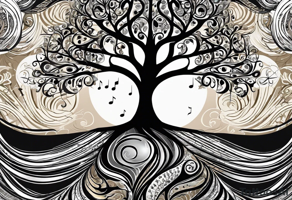 A tattoo design that incorporates the following elements: an abstract tree of life that has roots emerging  from the ground. Waves of water wrap around the tree in a non symmetrical design.  Incorporate musical notes into the tree. the letters U and A are overlapping and engraved into the tree. incorporate a golf ball or golf course symbols like a flag but not prominent. tattoo idea