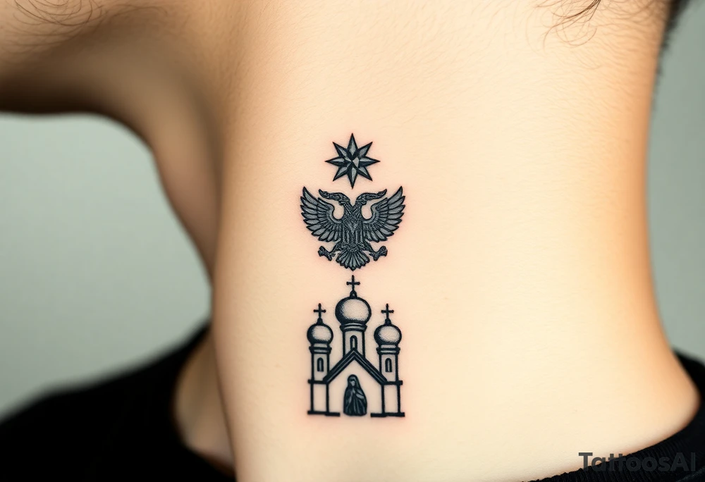 Stacked Vertical Column 

Russian star — small, bold
Middle: Miniature double-headed eagle — simplified, cleaner lines to suit the smaller space
Bottom: Orthodox church dome(s) with a small Virgin Mary silhouette beneath tattoo idea