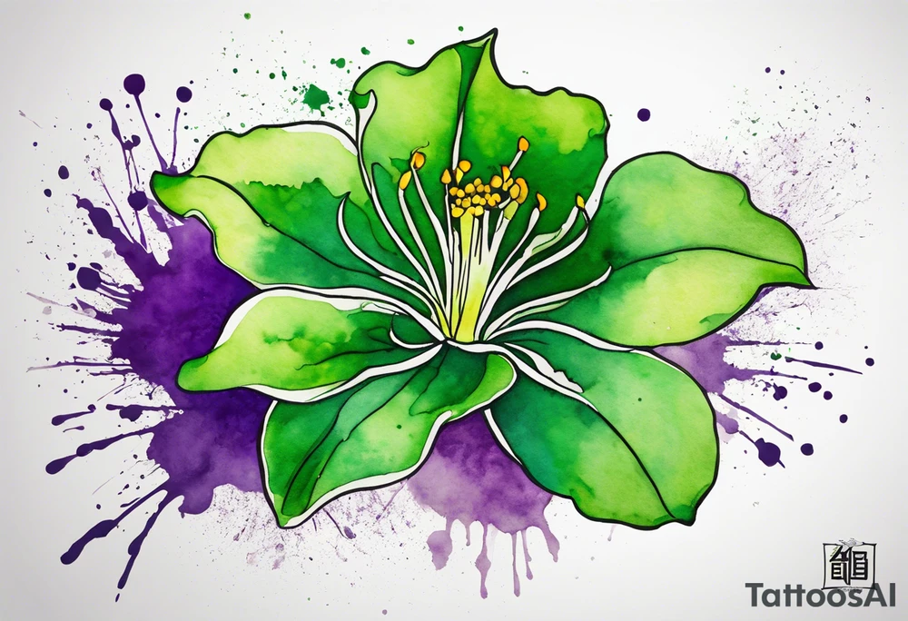 An outline of a green rio dipladenia flower and a green/purple watercolor splatter in the background tattoo idea