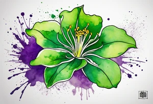 An outline of a green rio dipladenia flower and a green/purple watercolor splatter in the background tattoo idea