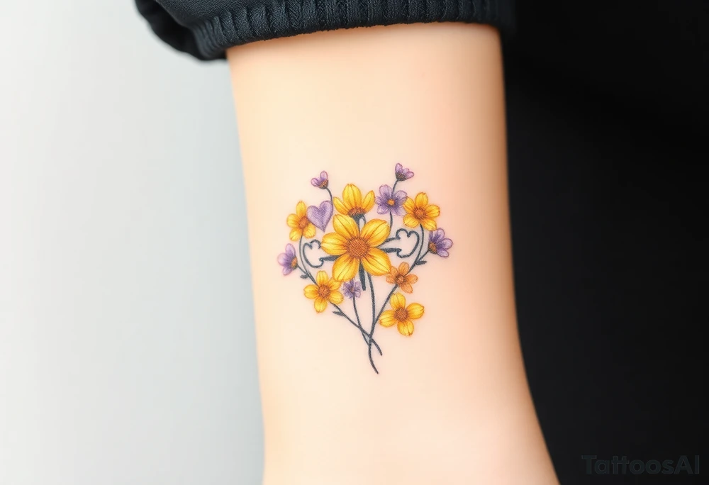 Yellow daisy Purple Hearts around a cross tattoo idea