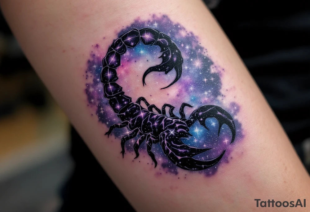 The hooked tail of Scorpius with amethyst hues as it circles the heart of the Milky Way along Scorpius star constellation tattoo idea