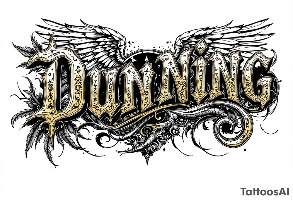 Dunning, details include bold strong font, gold highlights, theme of wealth and angel wings, taino native tattoo idea