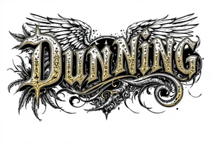 Dunning, details include bold strong font, gold highlights, theme of wealth and angel wings, taino native tattoo idea