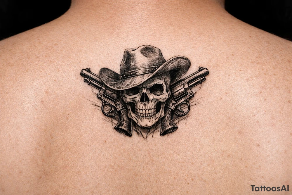Close-up skull wearing a tilted cowboy hat, pistols flanking. tattoo idea