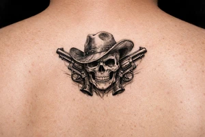 Close-up skull wearing a tilted cowboy hat, pistols flanking. tattoo idea