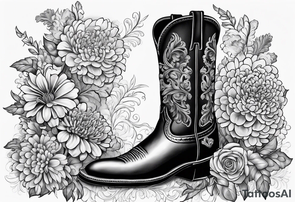 Cowboy boot with bouquet of chrysanthemum, carnations and marigolds inside tattoo idea