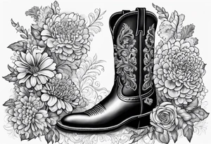 Cowboy boot with bouquet of chrysanthemum, carnations and marigolds inside tattoo idea