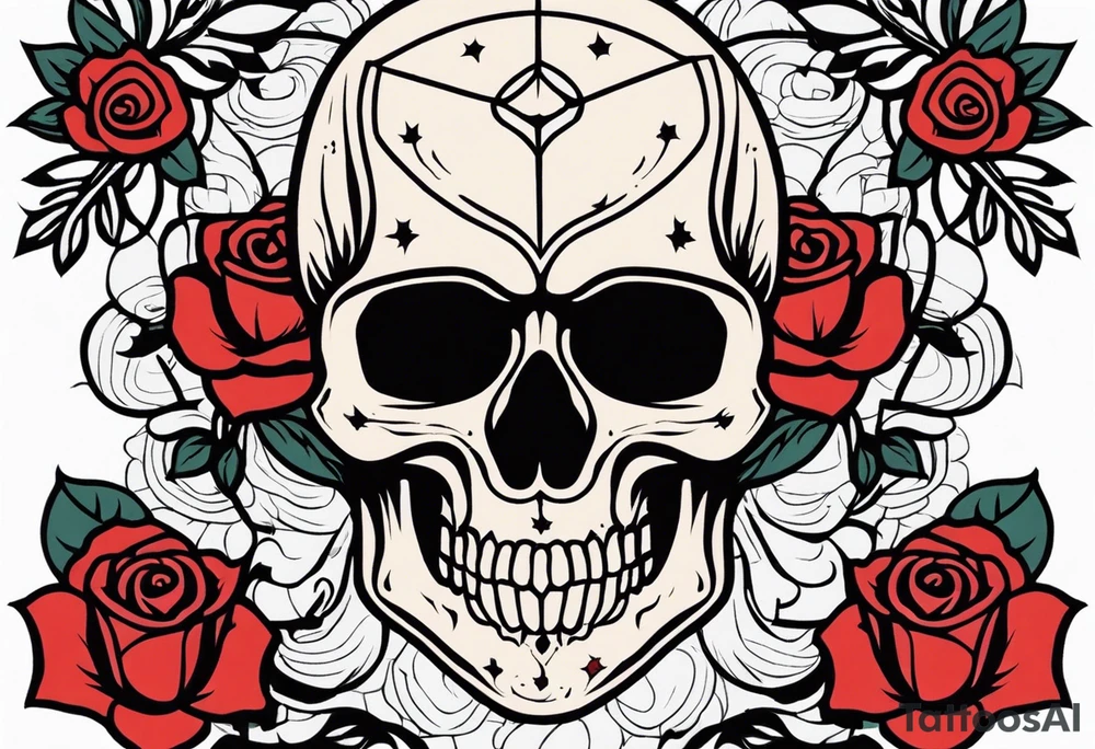 traditional Knee tattoo in fall colors showing a large skull with a rose in the style of Mark Mahoney tattoo idea