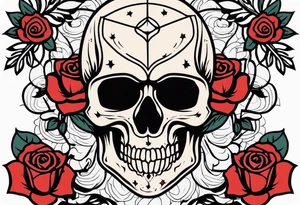 traditional Knee tattoo in fall colors showing a large skull with a rose in the style of Mark Mahoney tattoo idea