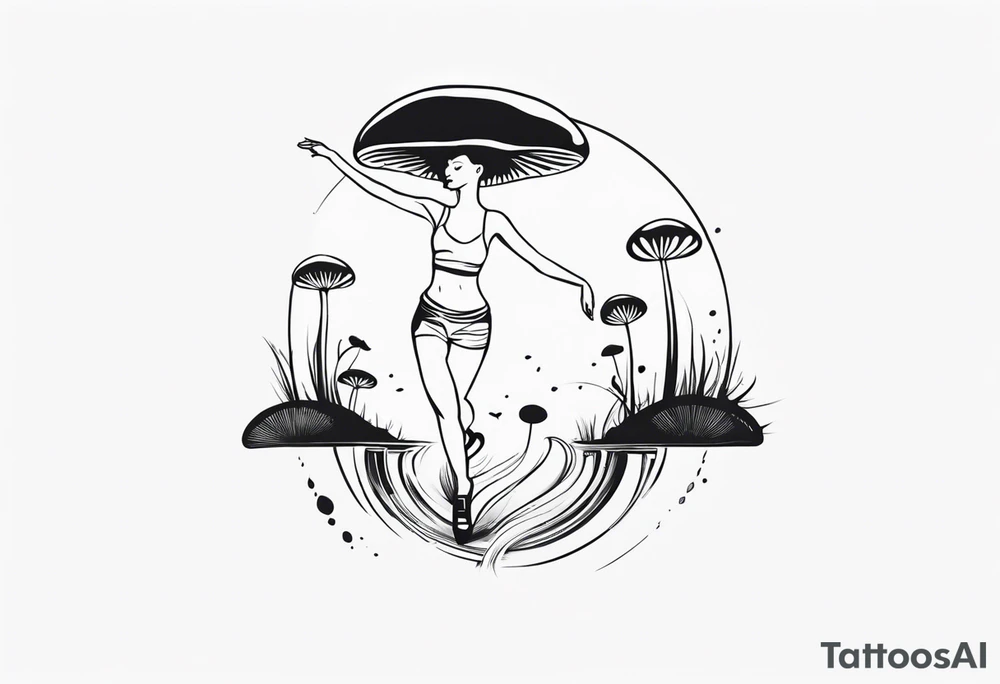 woman dancing around a mushroom tattoo idea