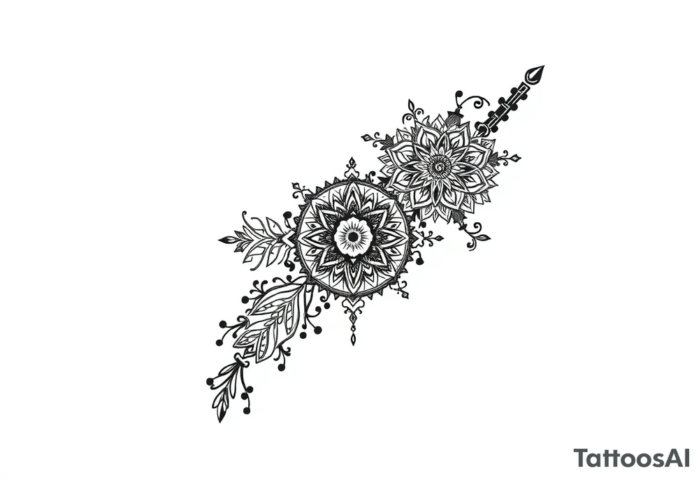mystical long ornament tattoo with shaman and witch style and ancient rhyme tattoo idea