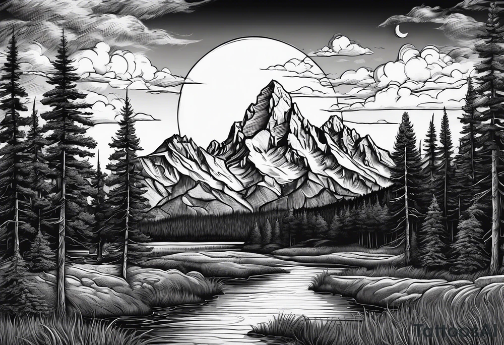 Half sleeve of Teton mountain range, moon In the sky and a few for trees tattoo idea