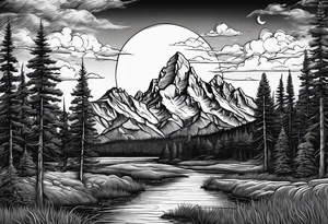 Half sleeve of Teton mountain range, moon In the sky and a few for trees tattoo idea