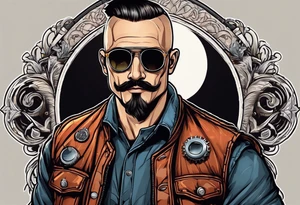 Male, slim oval face, sunken eyed, Short mustache, tools, ray-bans, no hair on sides and pony-tail on top, mechanic tattoo idea