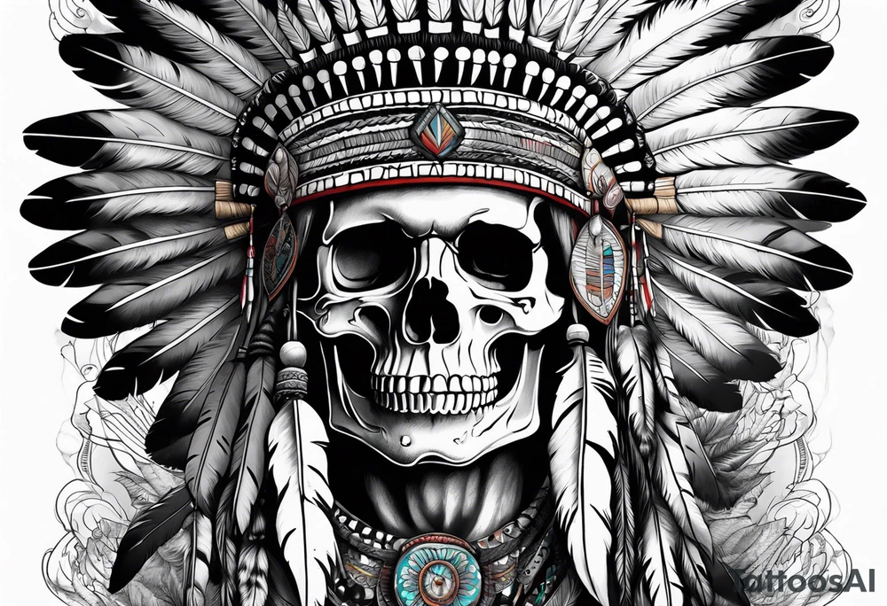 Native American wearing Headress Skeleton Praying tattoo idea