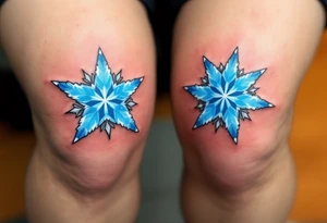 Icy blue eight-point stars with light gray accents, centered on each kneecap, resembling frost or snowflakes with a crisp, cold feeling. tattoo idea