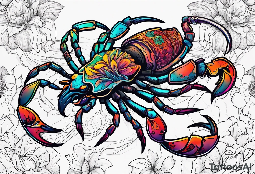 futuristic scorpion animation with flowers bloody tattoo idea