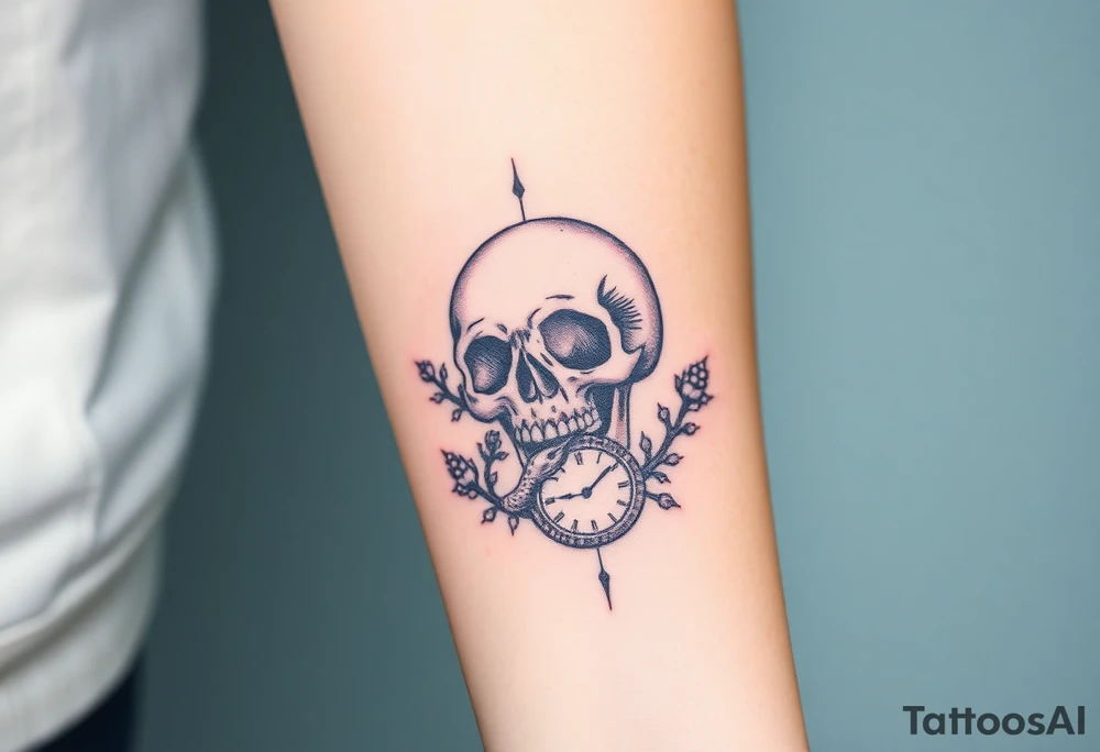Skull with a snake going through its eyes or mouth include a clock and prickly vines tattoo idea