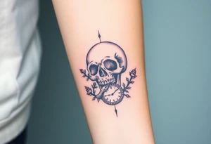 Skull with a snake going through its eyes or mouth include a clock and prickly vines tattoo idea