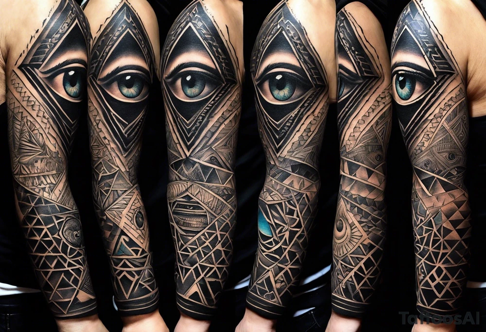 A full tattoo sleeve designed with a masculine and striking aesthetic, featuring a central motif of a beautifully detailed eye inside a triangle, symbolizing the all-seeing eye or third eye. This eye is depicted with intricate detailing, conveying depth and a sense of profound insight. The triangle around the eye is sharp and precise, emphasizing the symbolism of enlightenment and perception. Surrounding this central element, incorporate roses and leaves, each rendered with a bold and refined style. The roses, rich in detail, represent beauty and resilience, while the leaves add a touch of natural elegance. Integrate these floral elements into an ordered geometric pattern that complements and frames the central eye. The geometric patterns should be clean and structured, creating a harmonious contrast with the organic shapes of the roses and leaves. The overall design features strong contrasts and dark shading to highlight the details and enhance the visual impact, resulting in a powerful, masculine sleeve with a balanced blend of symbolism and aesthetics tattoo idea