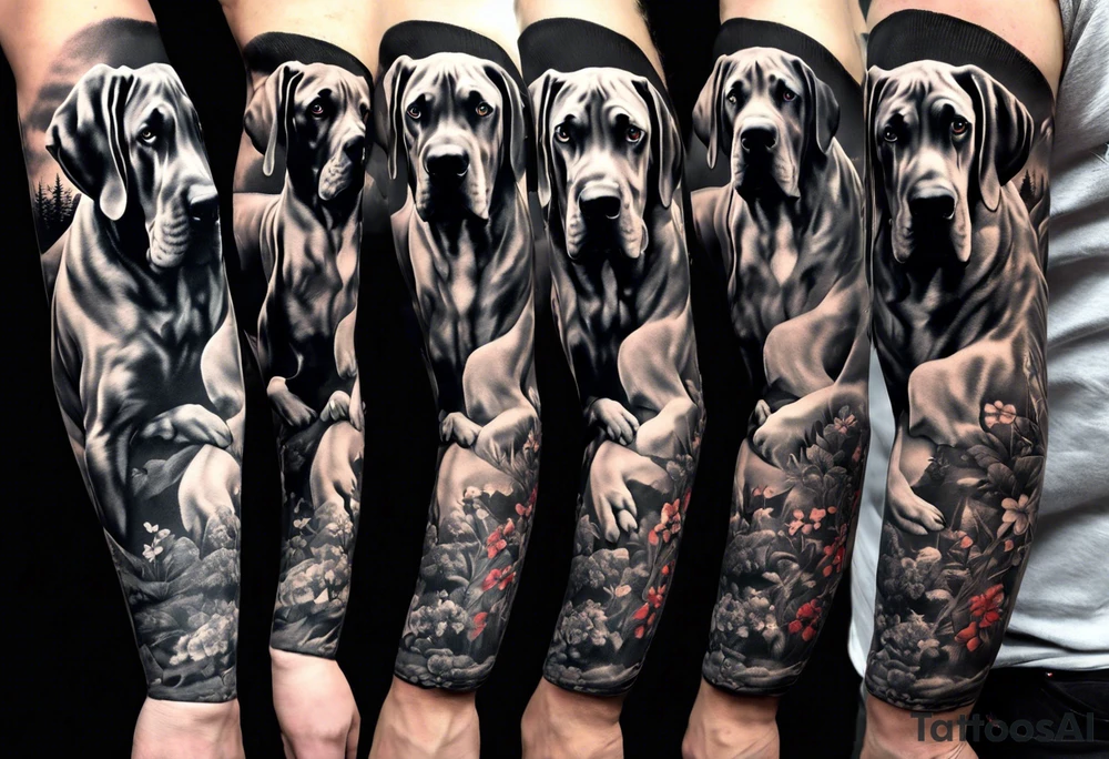 (full arm sleeve on guy) with (4) Four Great Dane floppy ear dogs with an outdoor vibe tattoo idea