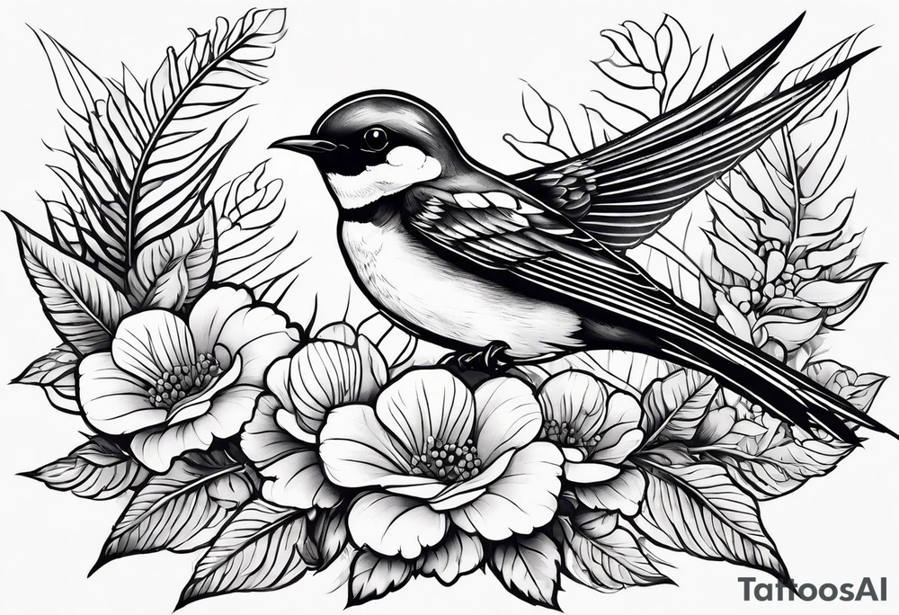 Swallow birds and floral background with ferns tattoo idea