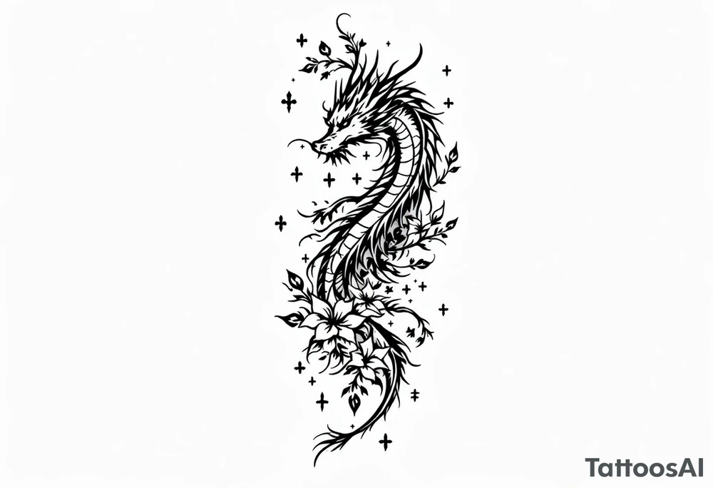 un dragon central entouré de fleurs de lys tattoo idea