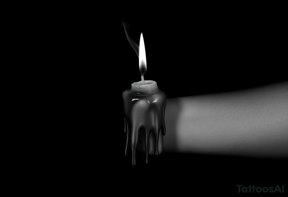 A candle burned almost all the way down, short and nearly spent, heavy
melted wax pooling and dripping down a thick, heavy, solid candle body.
The flame has just gone out — only a single thin, fragile, wavering
thread of smoke rises from the wick, with one tiny dim ember still
faintly glowing. Strong and heavy where the candle stands, delicate and
almost vanishing where the smoke fades. Somber, melancholic, quiet and
lonely, a sense of loss and fragility, lots of empty dark space around
it. Heavy solid blacks contrasted with a thin dying wisp. tattoo idea
