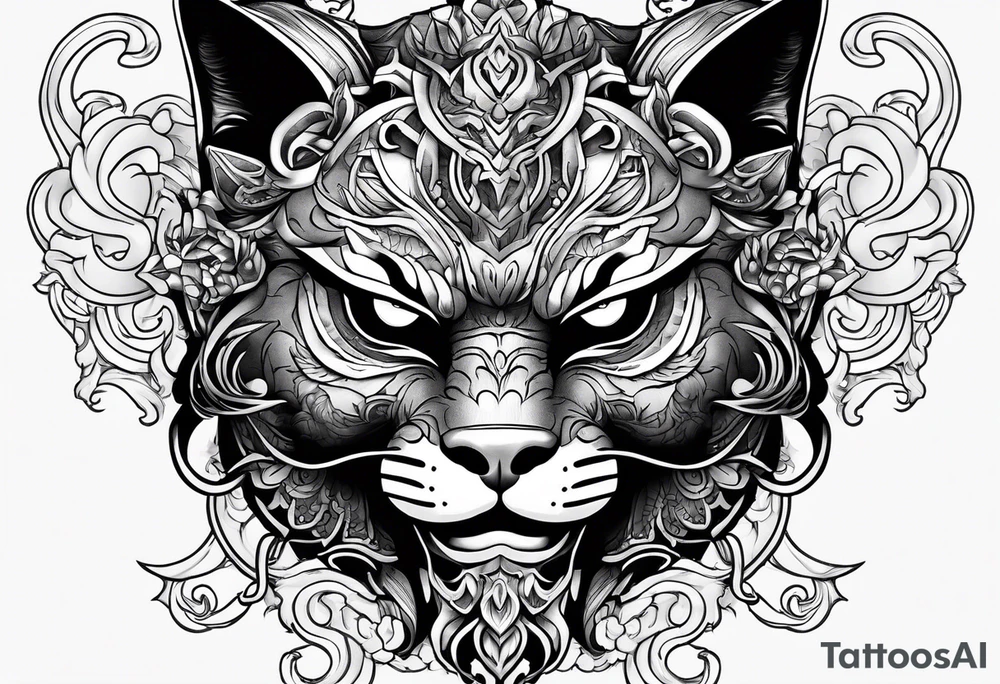Half oni face mask,  half cat tattoo idea