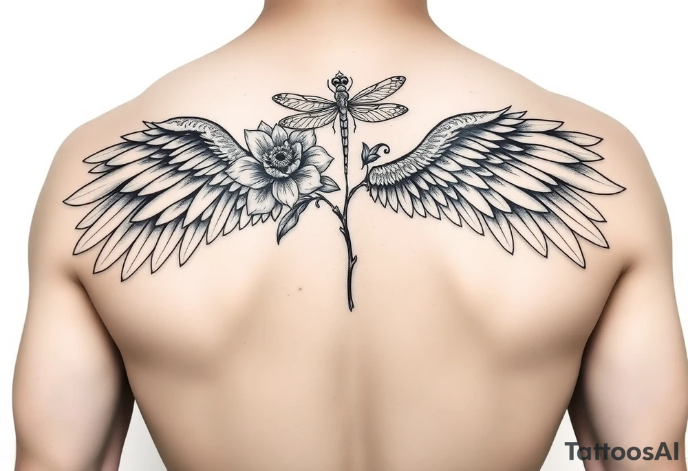 One Angel wing shoulder design with a floral waterlily and dragonfly design above it tattoo idea