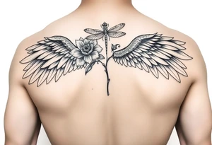 One Angel wing shoulder design with a floral waterlily and dragonfly design above it tattoo idea
