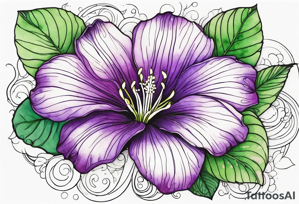 An outline of a rio dipladenia flower with a green and purple watercolor background tattoo idea