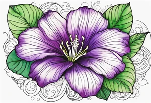 An outline of a rio dipladenia flower with a green and purple watercolor background tattoo idea