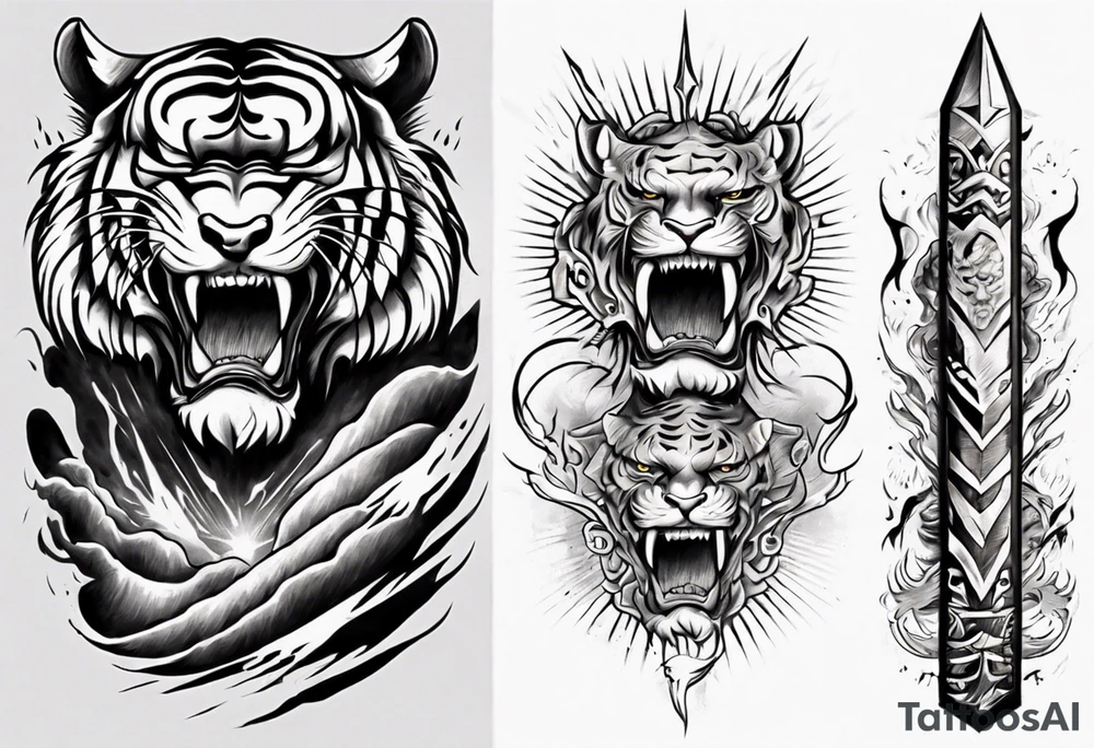 Tiger Warrior sleeve tattoo with lightning and the sun
Forearm sleeve tattoo idea
