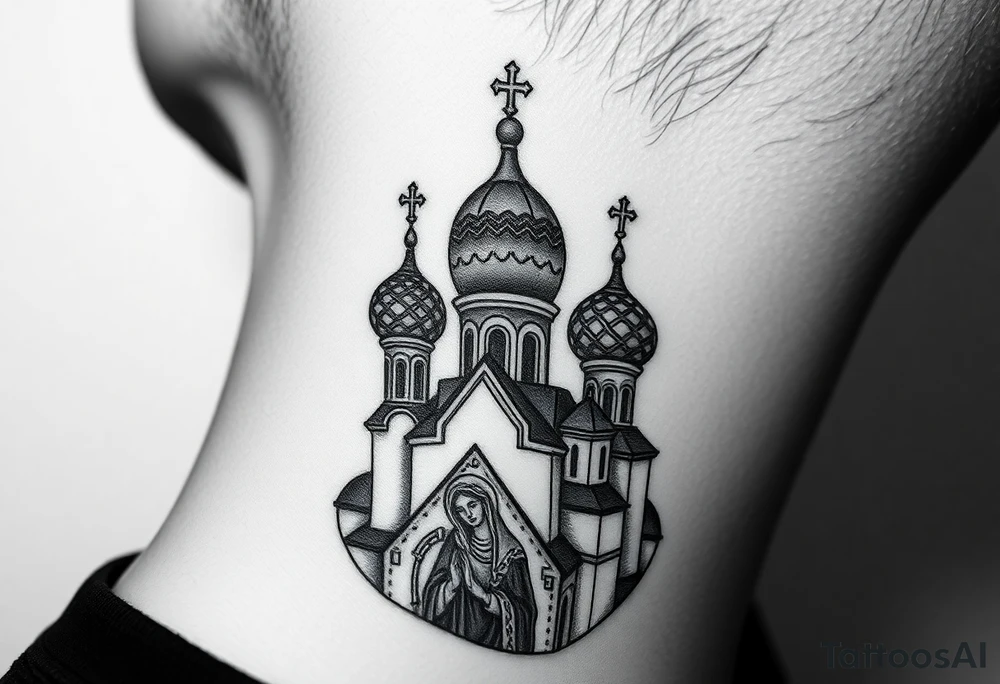 Flowing Scene

A onion domes orthodox church
Virgin Mary in prayer pose wrapping around the lower neck curve
A small double headed russian coat of arms eagle or just the star tucked above the dome near the hairline tattoo idea
