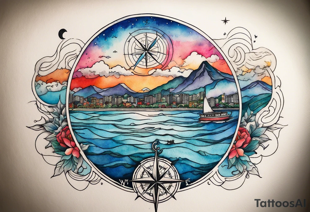 compass rose with half moon bay, mountains, Kansas city skyline and European landmark, spilled watercolor and tiny jet plane silhouette and a tiny ski boat in the water tattoo idea