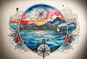 compass rose with half moon bay, mountains, Kansas city skyline and European landmark, spilled watercolor and tiny jet plane silhouette and a tiny ski boat in the water tattoo idea