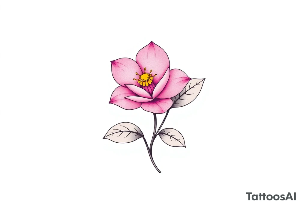 pink camelia flower with leaves and stem tattoo idea