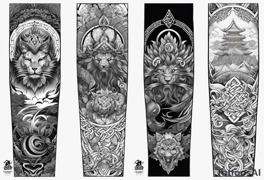 arm sleeve tattoo split into 3 different areas down the arm. the first area being Based on japanese Mythology. The 2nd one being based on Hindu mythology. and the 3rd one being based on celtic mythology tattoo idea