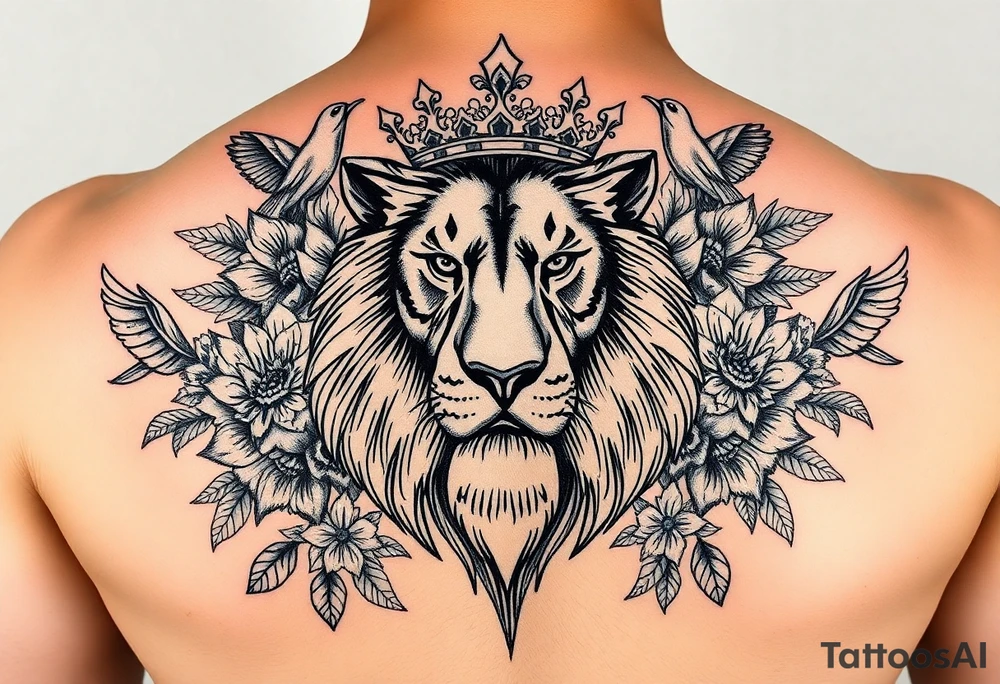 powerful majestic lion with a crown, surrounded by floral ornaments and birds tattoo idea