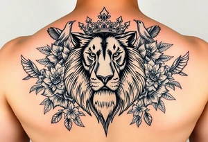 powerful majestic lion with a crown, surrounded by floral ornaments and birds tattoo idea
