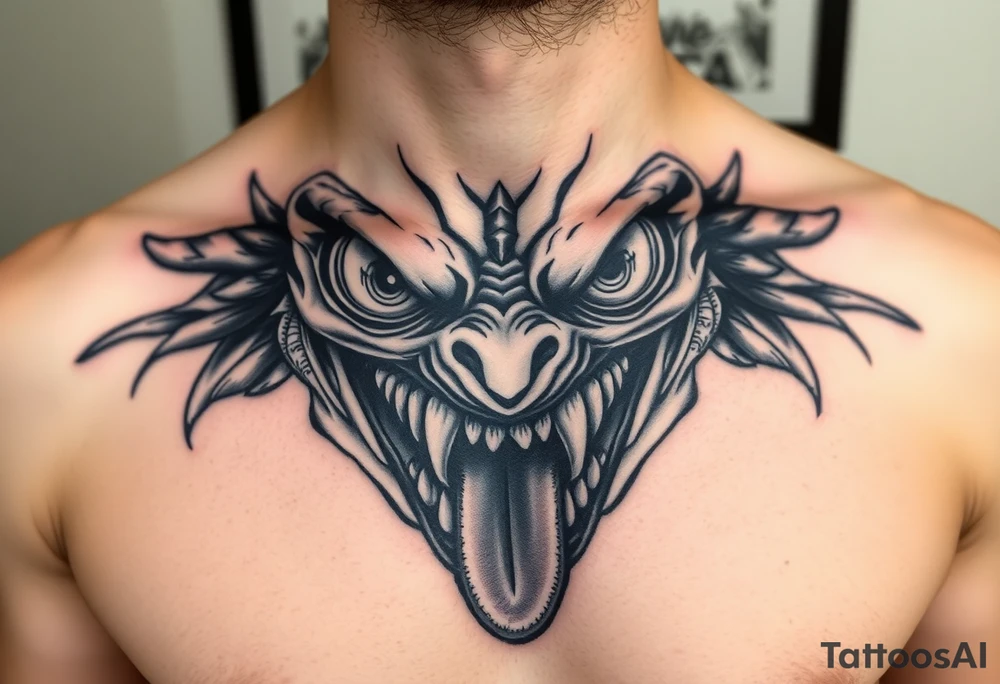 Eyes big and small on my chest for a man terrorizing with his eyes and very large teeth with a lizard tongue tattoo idea