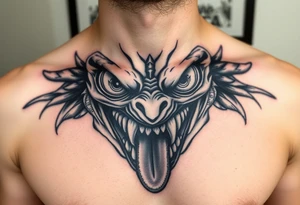 Eyes big and small on my chest for a man terrorizing with his eyes and very large teeth with a lizard tongue tattoo idea