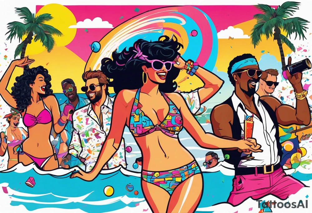 1980's miami vice style beach dance 
party, include confetti, music notes, boom box, bikinis tattoo idea