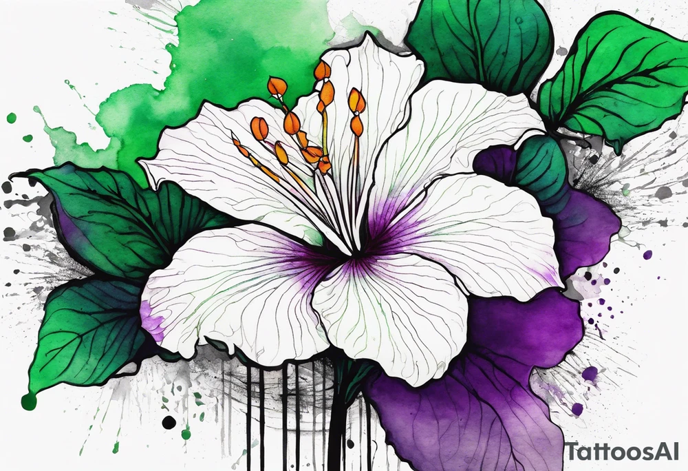A mystical outline of a rio dipladenia flower and a green and purple watercolor splash in the background tattoo idea