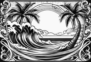 palm tree front of a sun and waves tattoo idea
