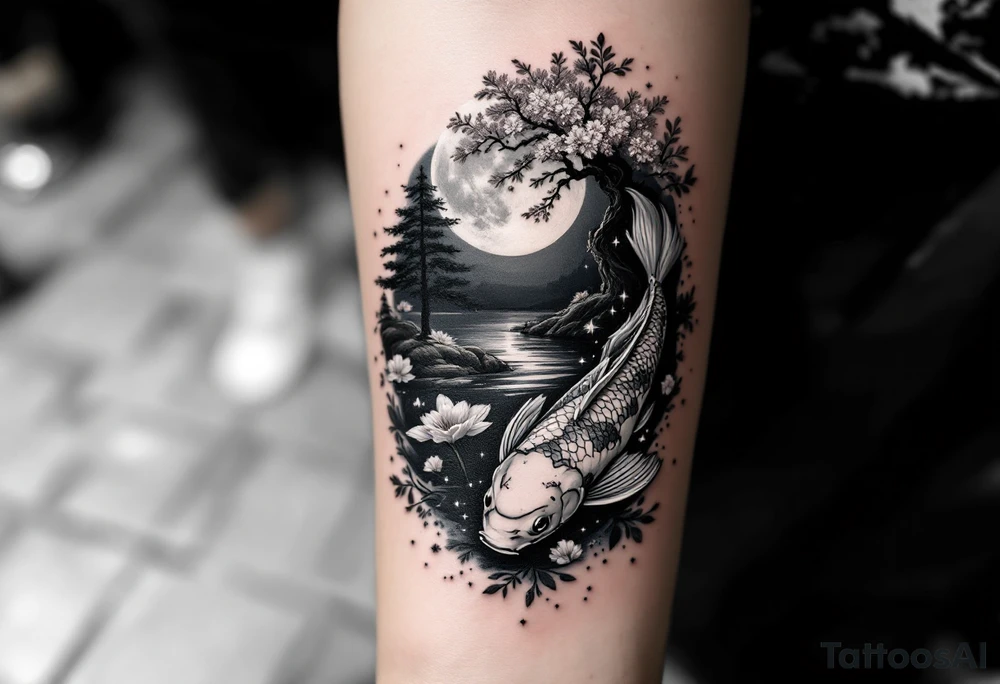 a koi fish swimming upstream in a pond moonlight by the full moon with a sakura tree by the pond surrounded by lighting tattoo idea